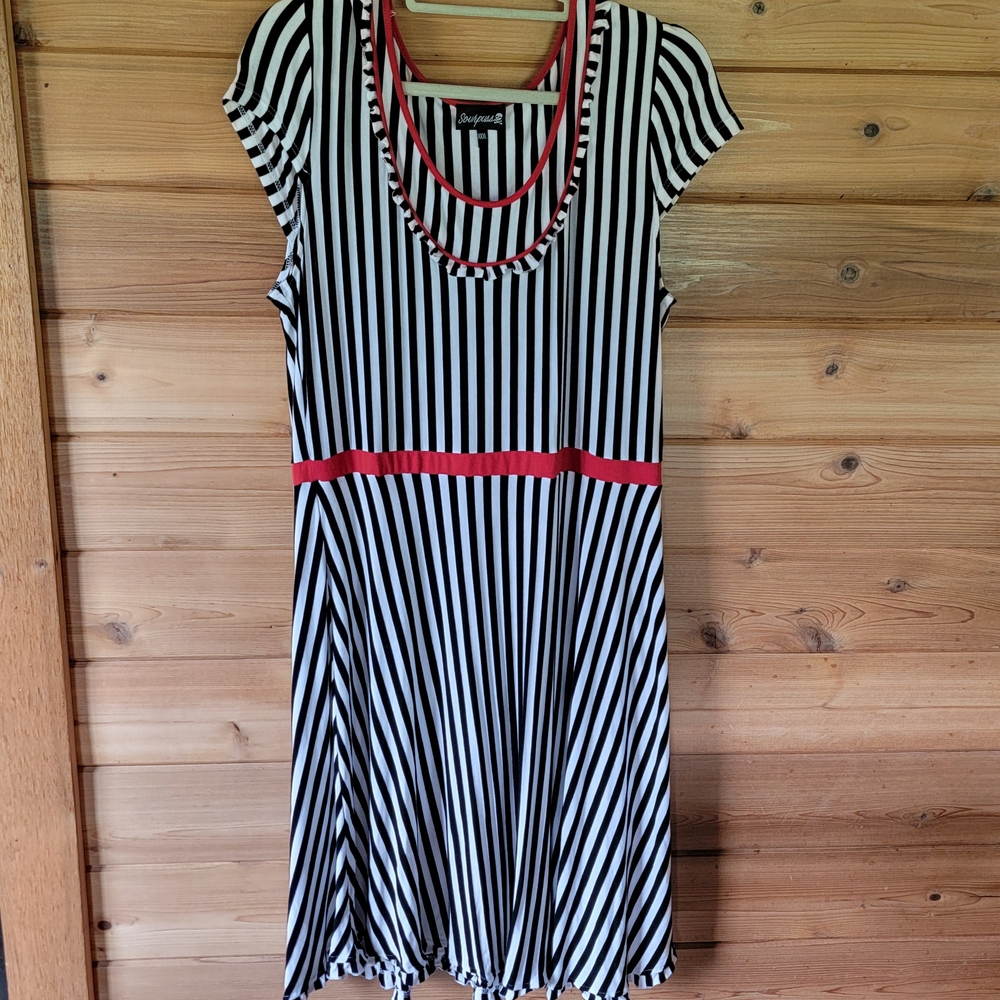 Sourpuss Black and White Striped Midi Dress with Red Accents